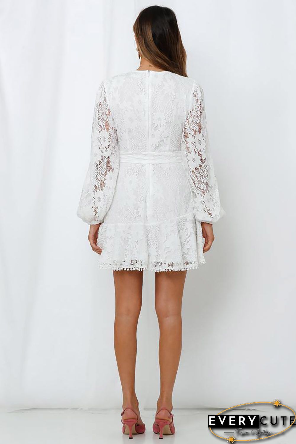 White Wrap V Neck Lace Bubble Sleeve Mini Dress