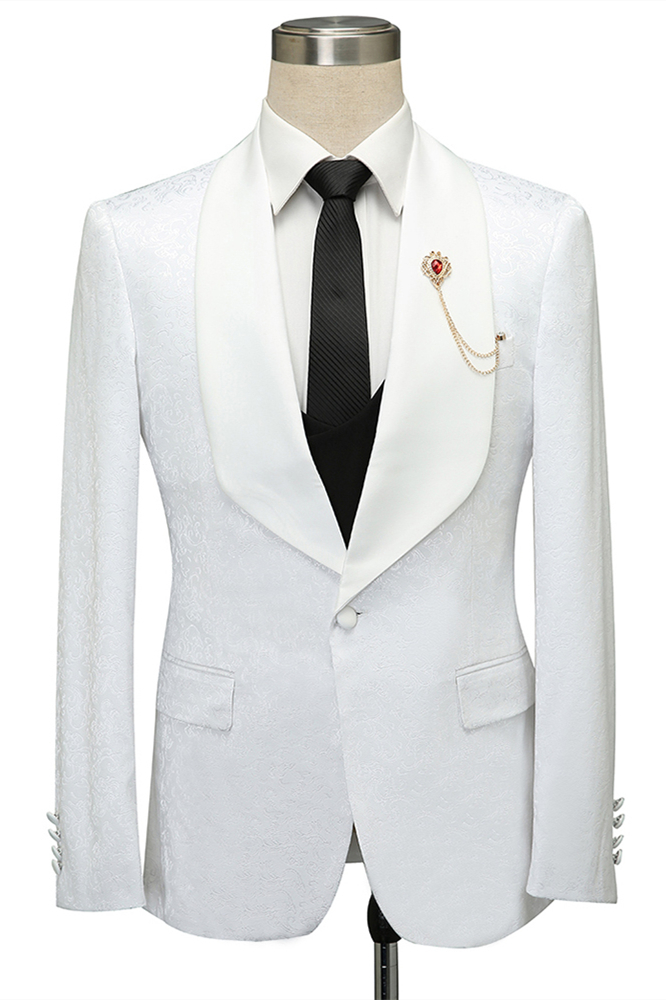 Modest Shawl Lapel White Jacquard Slim Fit Wedding Suit For Men | Risias