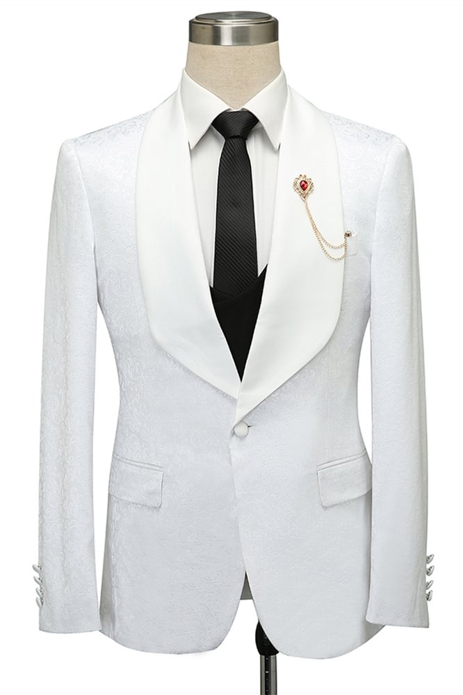Modest Shawl Lapel White Jacquard Slim Fit Wedding Suit For Men | Ballbellas Ballbellas