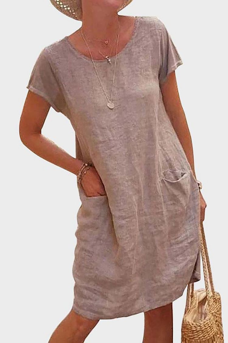 Short Sleeve Round Neck Pocket Casual Linen Mini Dress