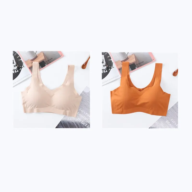 2PCS Ice Silk Bras Seamless Women Soft Thin Push Up Underwear Lingerie Sleep Vest Top Chest Padded Bralette топ Soutien Gorge