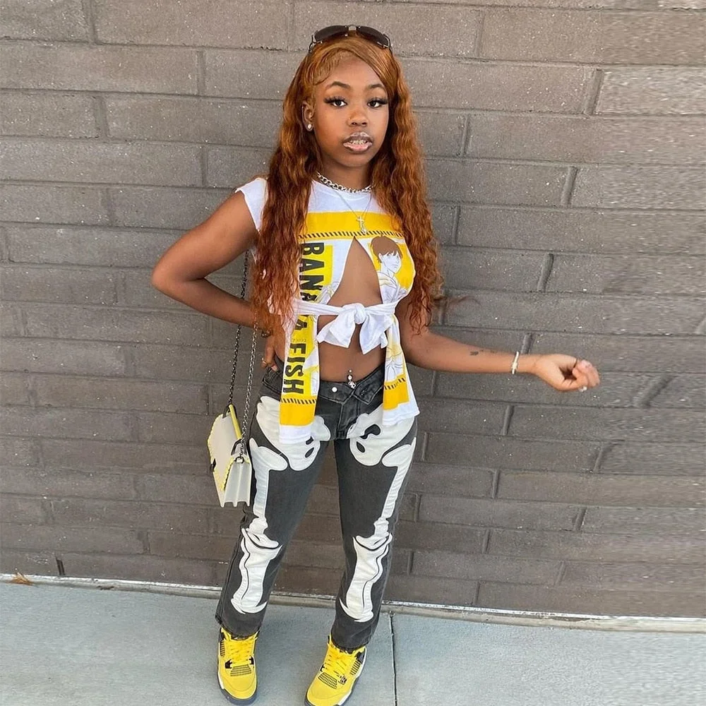 ANJAMANOR Graphic T Shirts Streetwear 2022 Summer Clothes for Women Sexy Asymmetrical Split Cut Out Sleeveless Tops D82-BD14