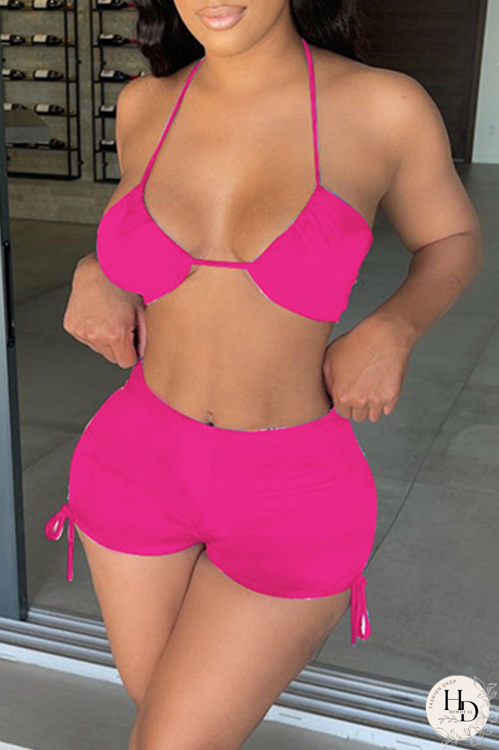 Black Fashion Sexy Solid Backless Halter Sleeveless Two Pieces