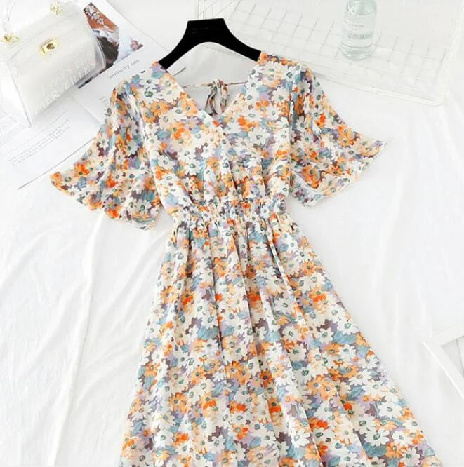 Summer Vintage Floral Chiffon Long Dress Sexy V-neck Ruffle Boho Dresses 2021 Elegant Women Party Short sleeve Dress Vestidos