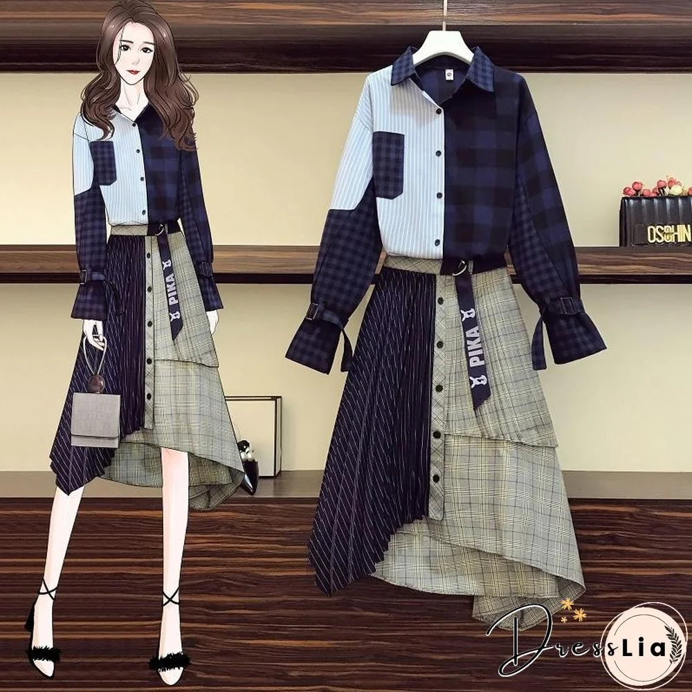 Plaid Contrast Blouse+Lrregular Skirt P13917