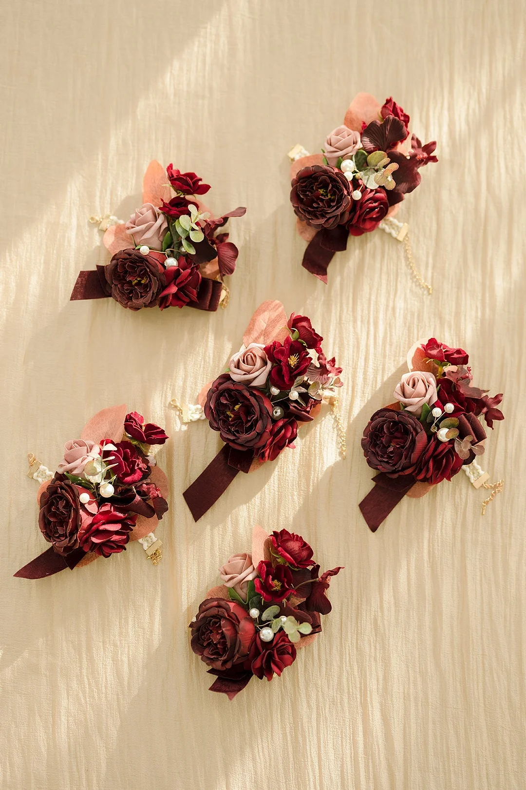 Wrist Corsages in Burgundy & Dusty Rose