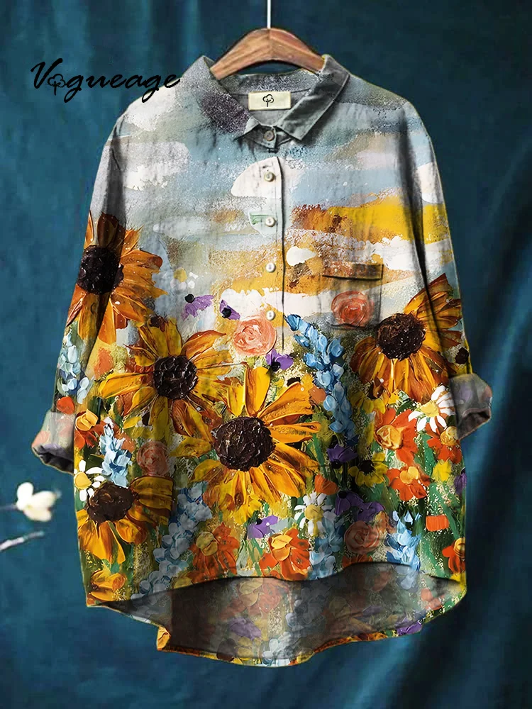 Beautiful Sunflowers In The Sunshine Printed Cotton And Linen Shirt
