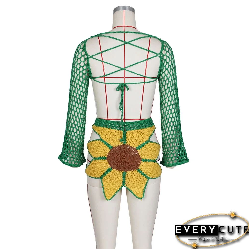 Hand-crochet Sunflowers Beachwear Cover Up 2 Piece Sets