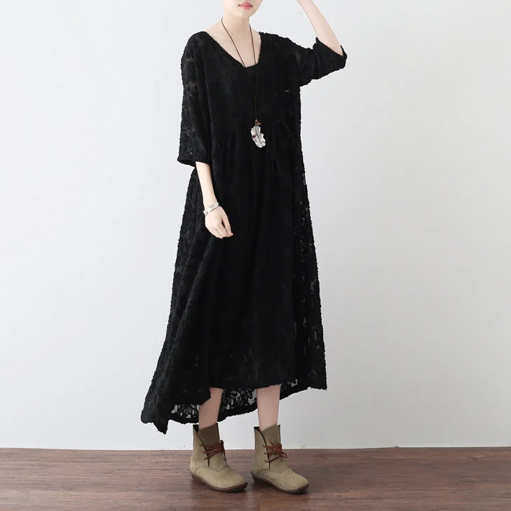 black cross neck lace dresses plus size lace caftans tunic high waist design