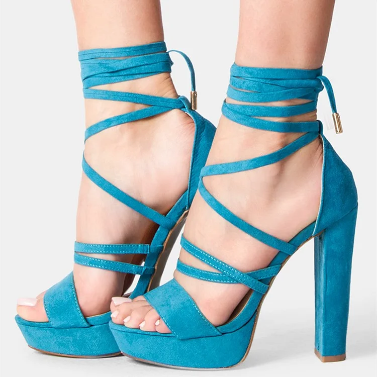 Blue Platform Heels Sandals Vegan Suede Chunky Heel Sandals Sexy Shoes |FSJ Shoes