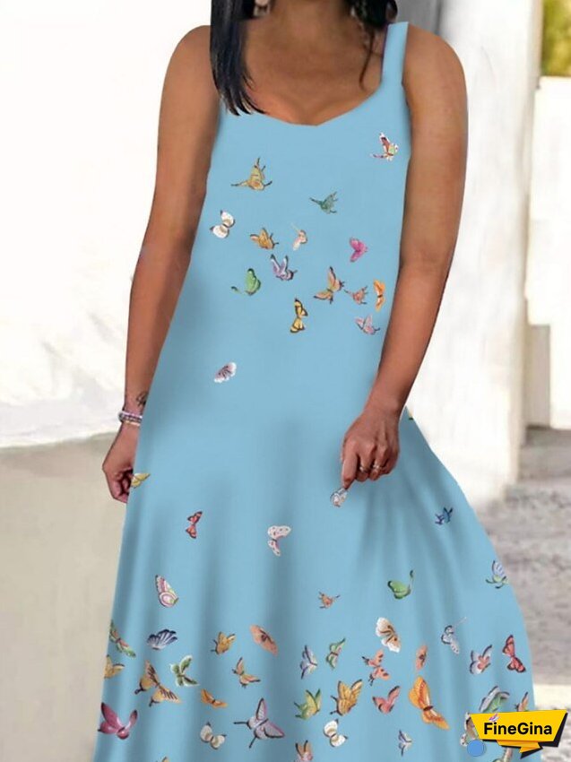 Women's Plus Size Casual Dress Swing Dress Tank Dress Butterfly Long Dress Maxi Dress Sleeveless Print V Neck Modern Daily White Blue Summer Spring L XL XXL 3XL 4XL