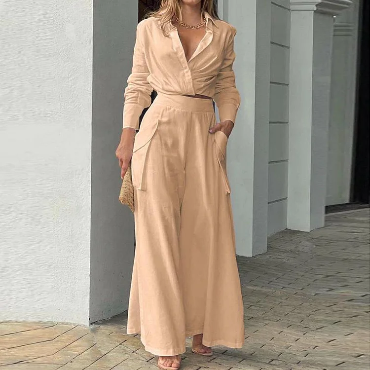 Solid Color Loose Pockets Fashion Pants Casual Set