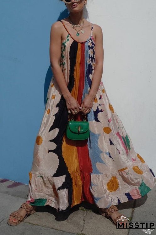 Scoop Neck Color Block Floral Print Ruffle Maxi Cami Dress