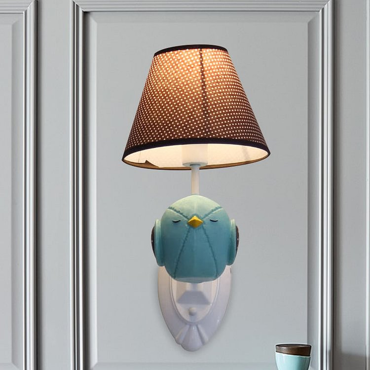 Pink/Blue Bird Wall Mount Light Cartoon 1 Head Resin Sconce Lamp Fixture with Cone Brown Fabric Shade