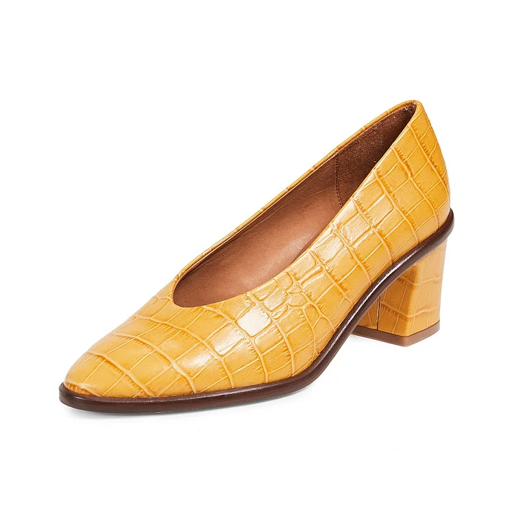 Mustard Bamboo Grain Almond Toe Chunky Heels Pumps for Women |FSJ Shoes