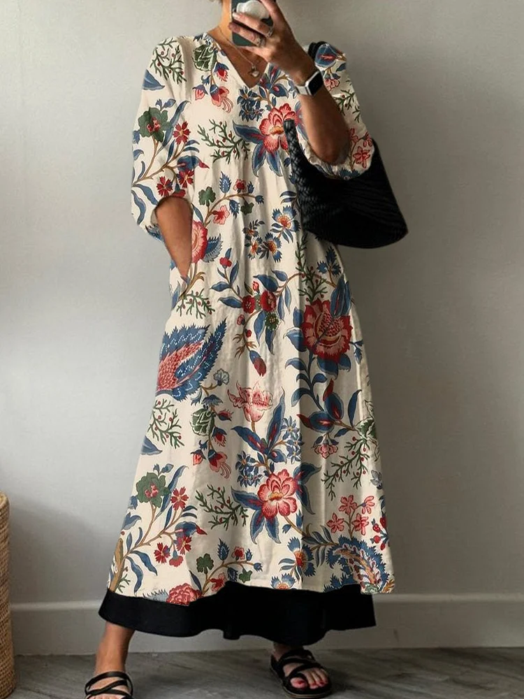 Women's Retro Floral Print Pocket V-neck Cotton Dress