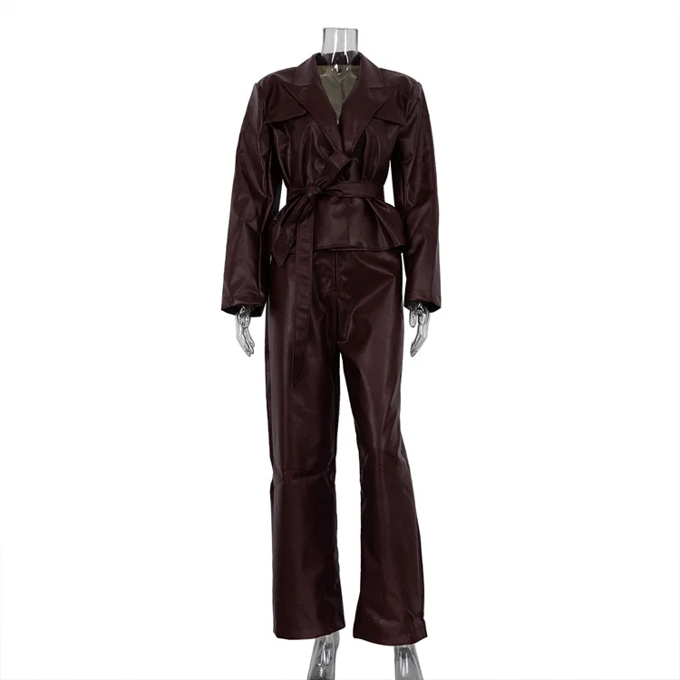 Ueong Ueong Spring And Autumn New Retro Green Fruit Collar With Belt Leather Coat High Waist Leather Pants Fashion Suit Female
