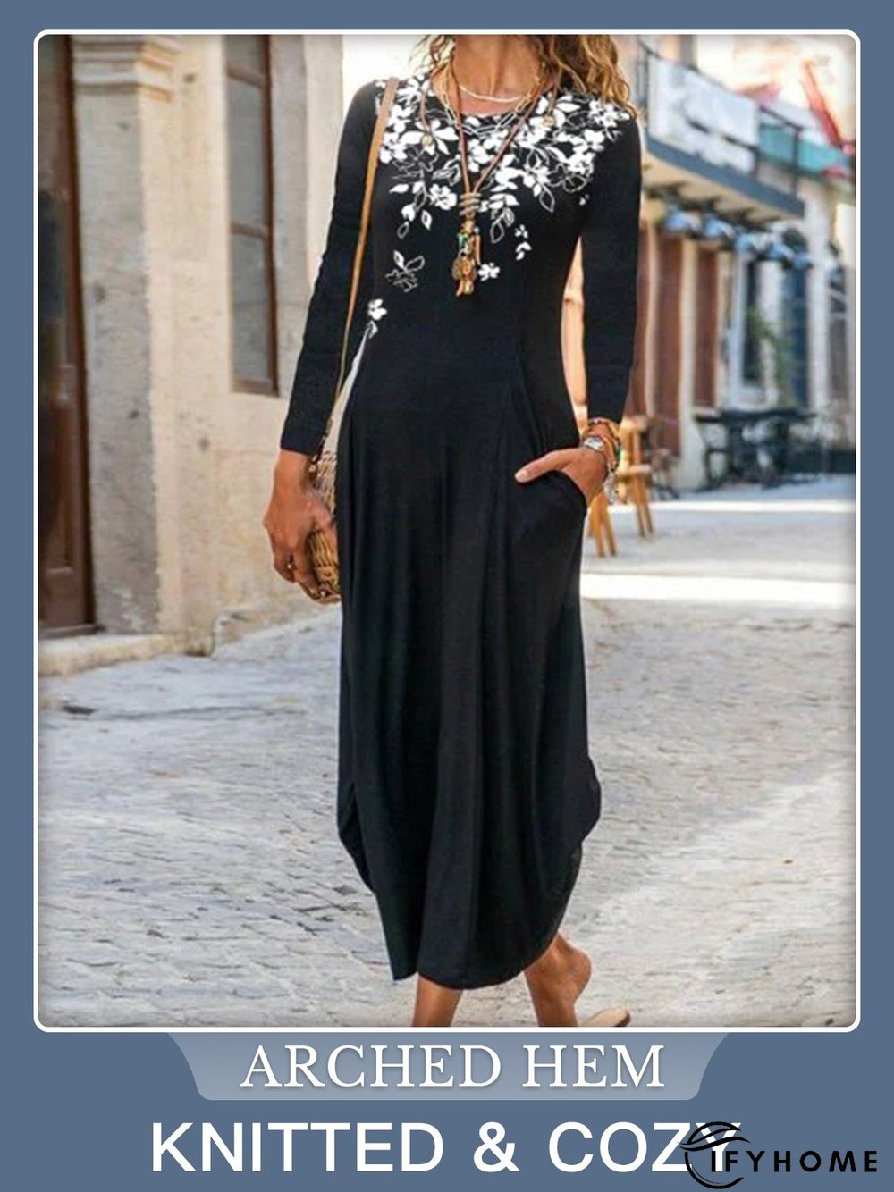 Daily Casual Printed Circular Neck Long Sleeve Dress | IFYHOME