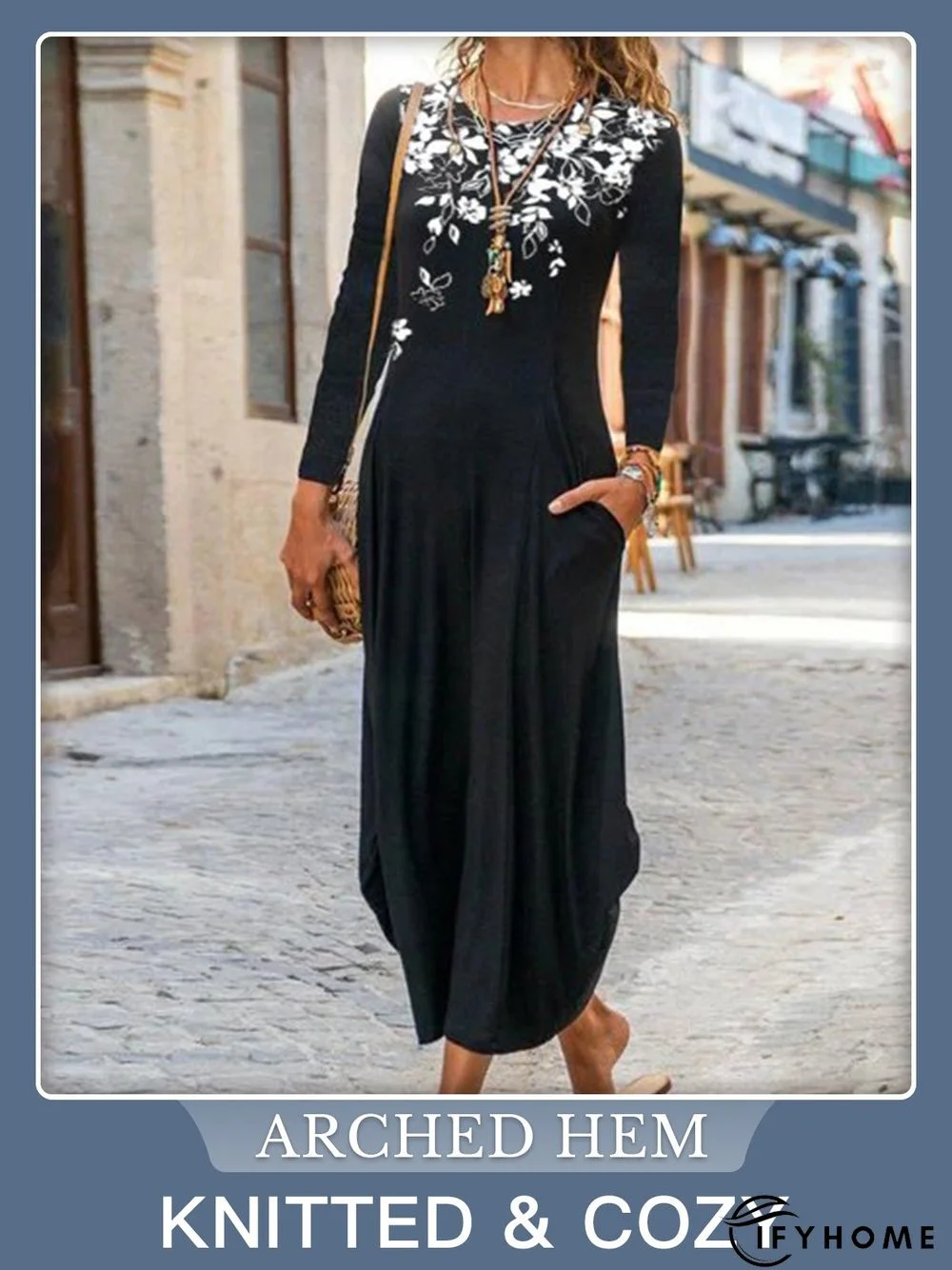 Daily Casual Printed Circular Neck Long Sleeve Dress | IFYHOME