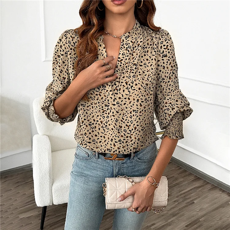  Long Sleeve V-Neck Pullover Printing Blouse