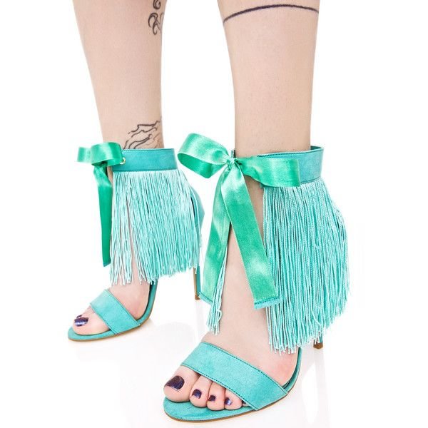 Turquoise Stiletto Heels Ankle Strap Fringe Sandals with Bow |FSJ Shoes