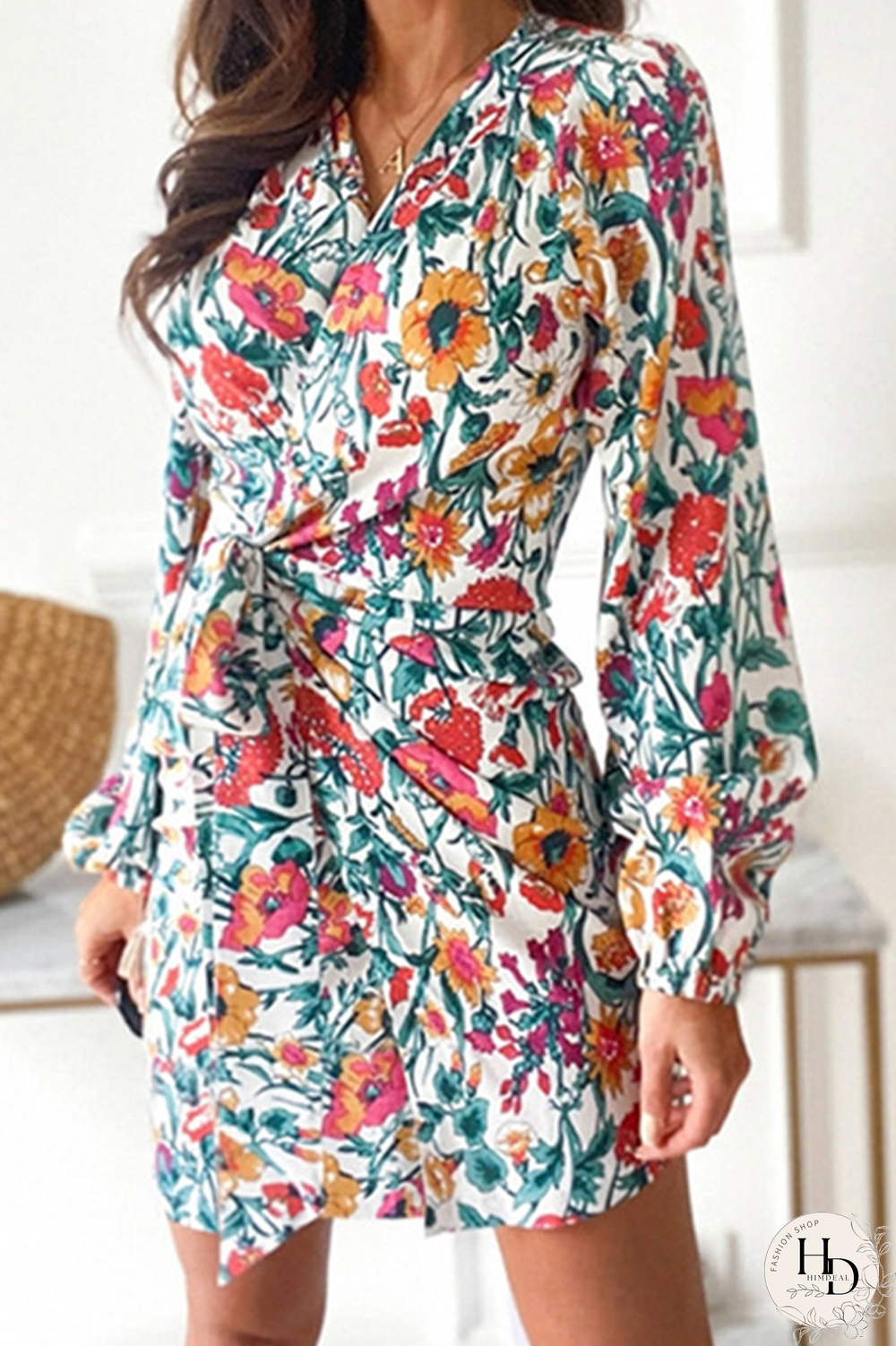 Casual Print Split Joint V Neck Waist Skirt Dresses(4 colors)