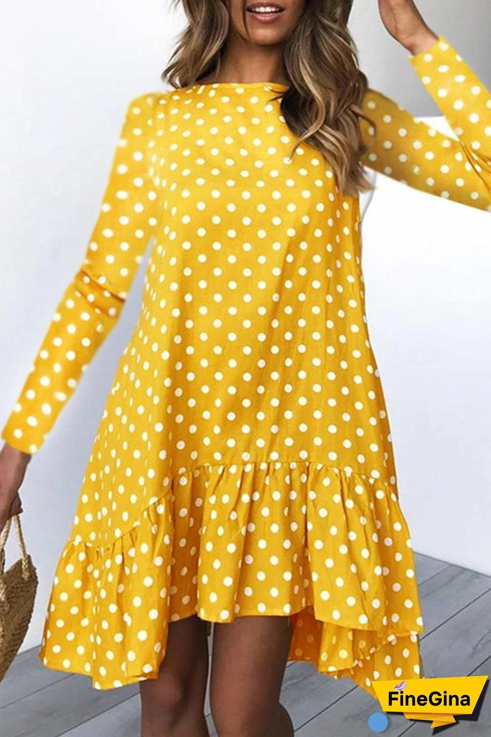 Fashion Sweet Polka Dot Split Joint O Neck Irregular Dresses