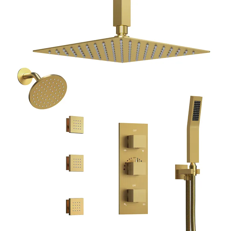 EVERSTEIN 4-Function 12" Dual Overhead Shower System Brushed Gold