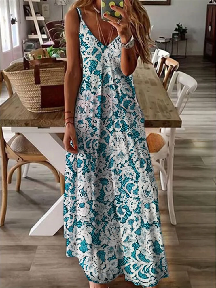 VChics Turquoise Floral Lace Flowy Cami Maxi Dress