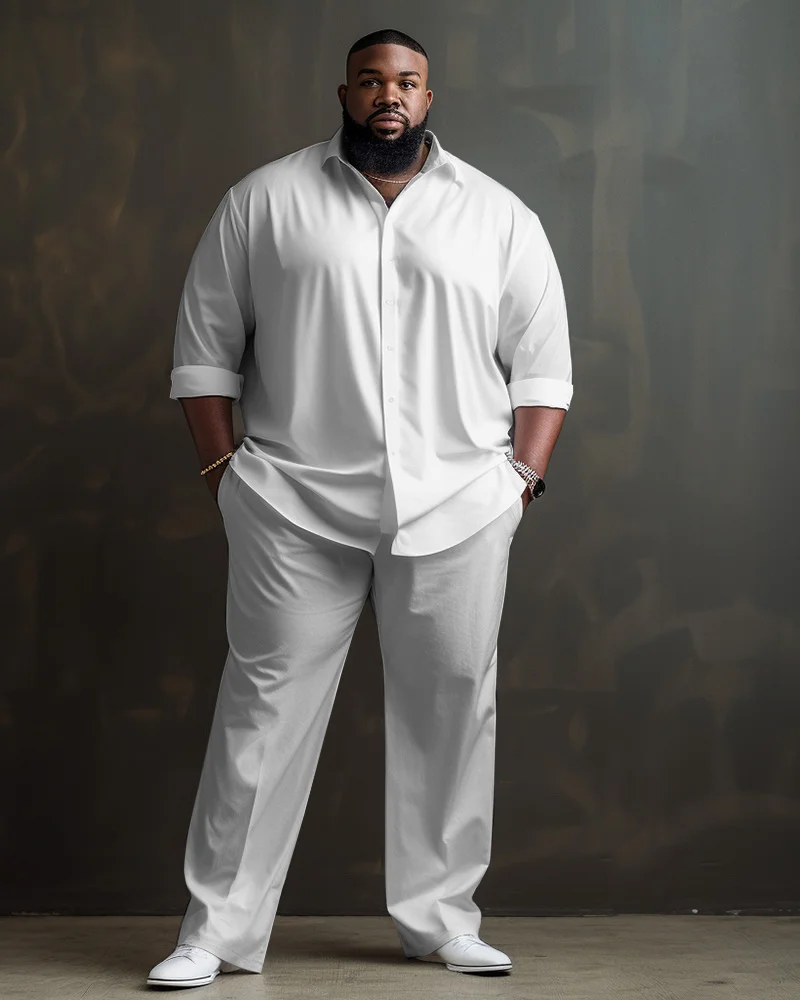Solid Color Big Guys Long Sleeve Lapel Shirt and Pants Set
