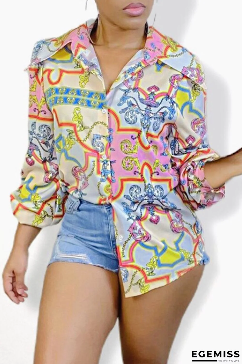 Multicolor Fashion Casual Print Basic Turndown Collar Tops | EGEMISS