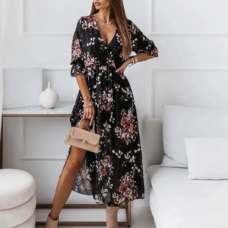 Elegant Long Dresses For Women Party Female Sexy V Neck Retro Print Maxi Dress Spring Summer Sleeveless Streetwear Loose Dresses