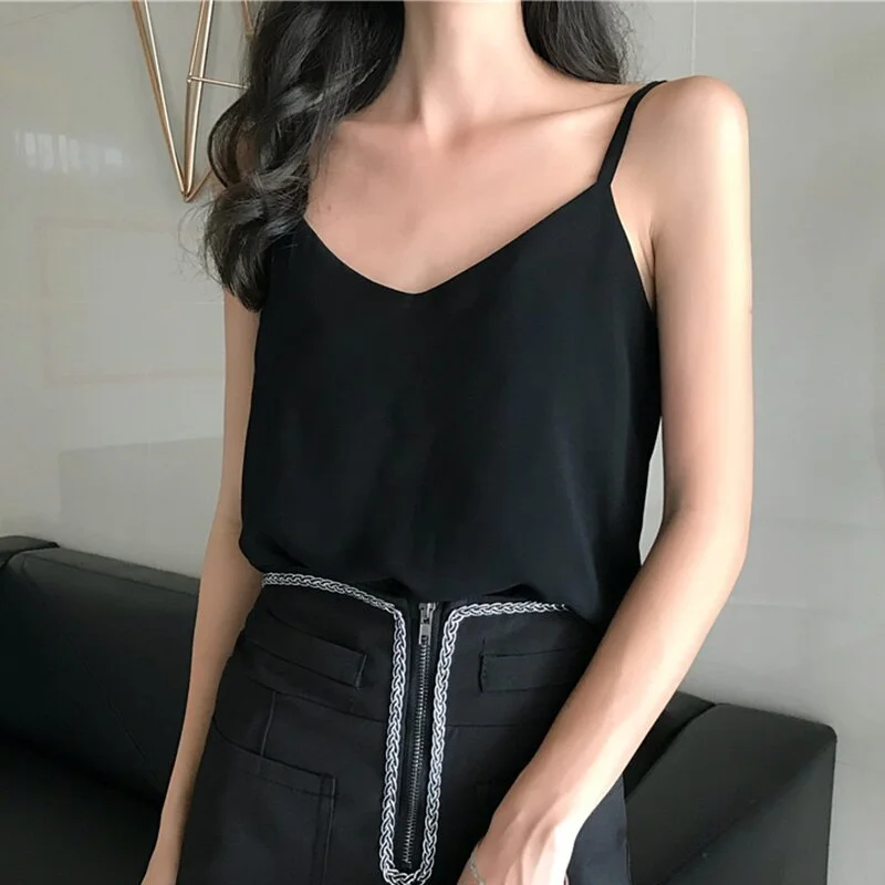 Chiffon Womens Tank Tops Sleeveless Blouse Tee T shirts Summer 2021 Sexy Vest Camisole Sexy V-Neck Crop Top White Blue Black