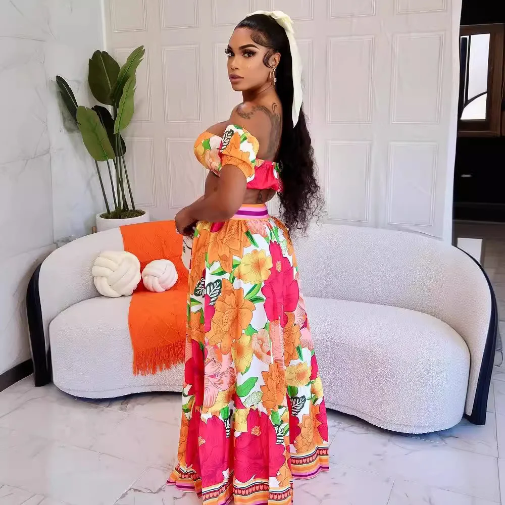 Uveng Uveng 2025 New One-Word Shoulder Color Floral Print Short Top Dress Set Two Sets