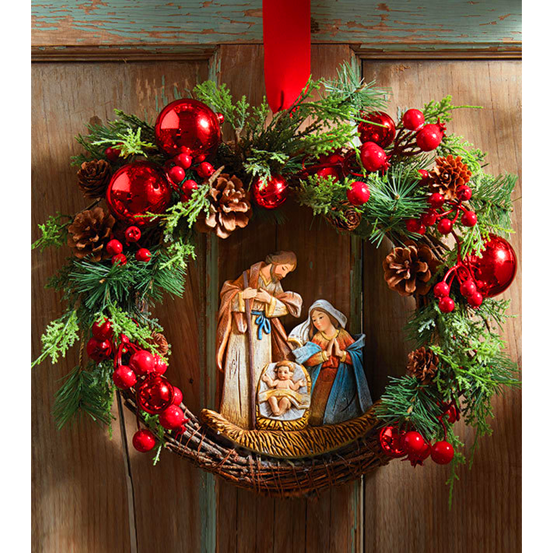 Holy Sacred Nativity Scene Poinsettia Christmas Wreath