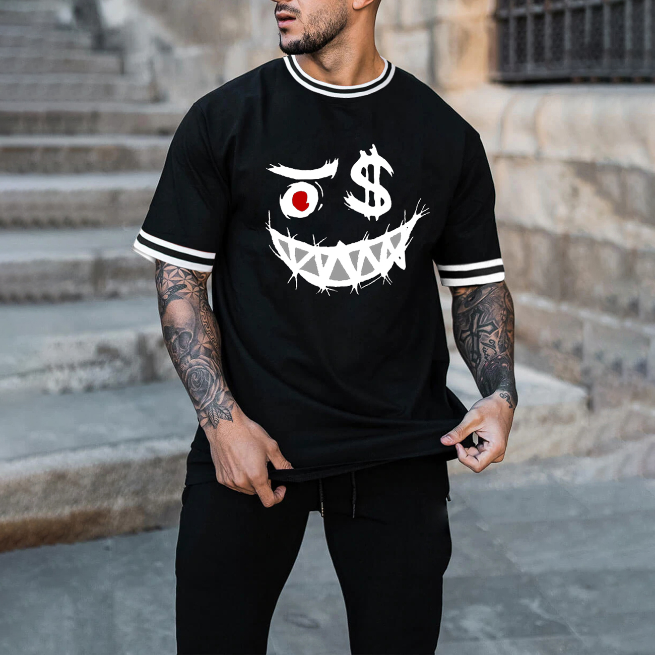 Smiley Face Print T-shirt Men's Casual Color Matching Short-sleeved T-shirt