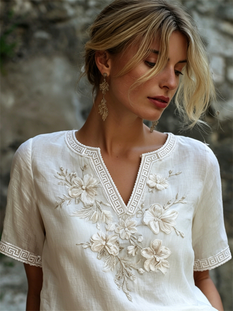 Classy White Flowers Comfy Linen Tunic elevenforest