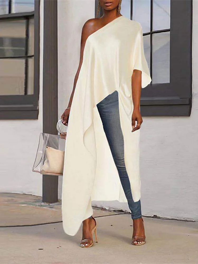 Solid Asymmetrical Slit One Shoulder Satin Tops SKUD57868 QueenFunky