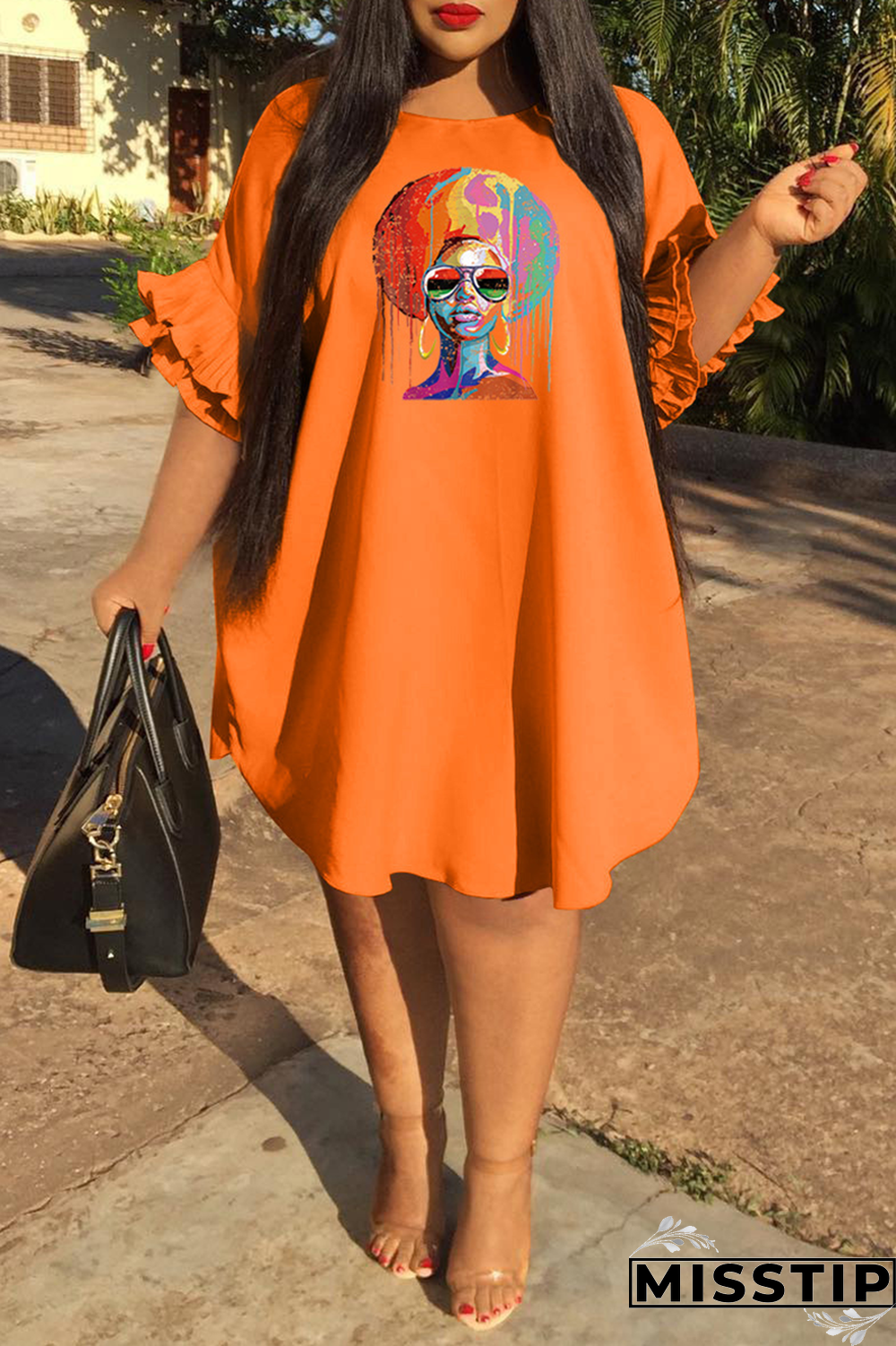 Pink Fashion Print Flounce O Neck Straight Plus Size Dresses