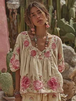 Women's Vintage Floral Art Embroidery Linen T-shirt - Image 3