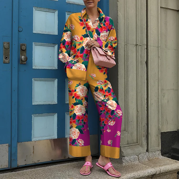 Fashion Contrast Print Long Sleeve Two Piece Set