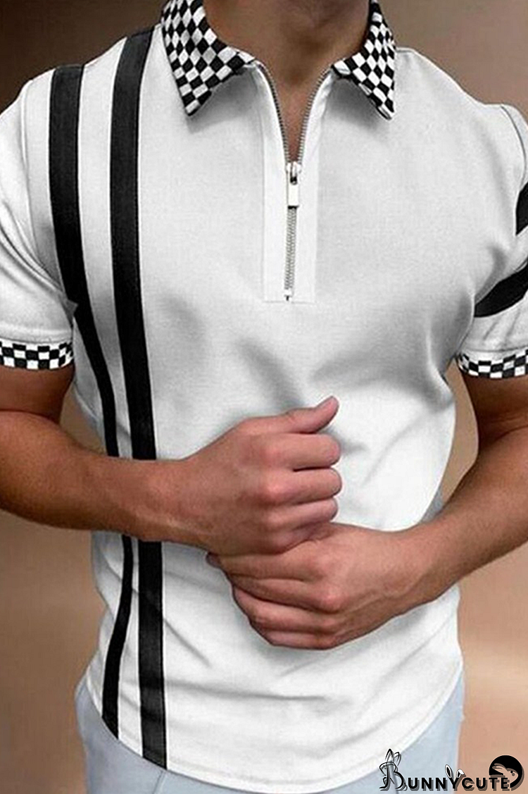 White Fashion Casual Plaid Striped Split Joint Zipper POLO collar Tops