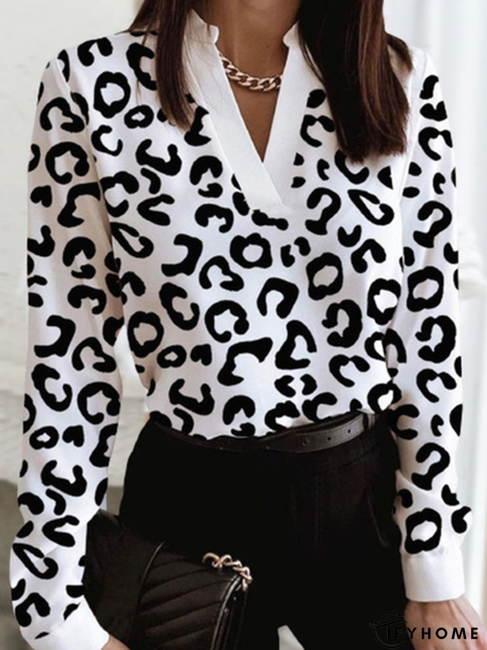 Casual Leopard Long Sleeve V Neck Printed Top | IFYHOME