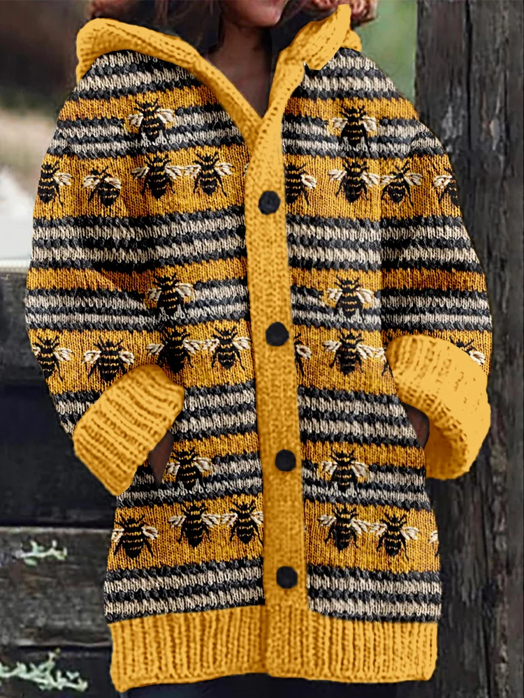 Cute Bees Knitted Cozy Hooded Cardigan