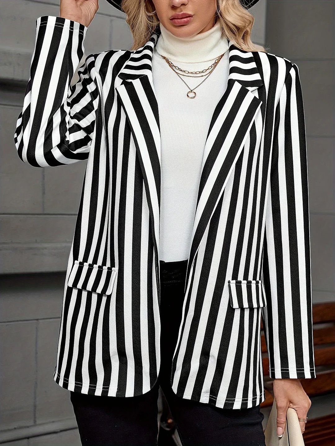 Women's Black And White Striped Long Sleeve Casual Blazer, Polyester Fabric, Regular Fit, No Belt, All-Season, Open Front, Double-Breasted, Loose Silhouette | IFYHOME