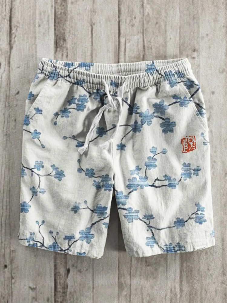 Comstylish Cherry Blossom Japanese Pattern Linen Blend Shorts