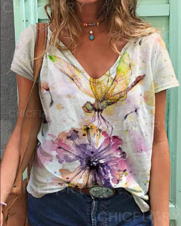 Dragonfly Dandelion V-Neck Top