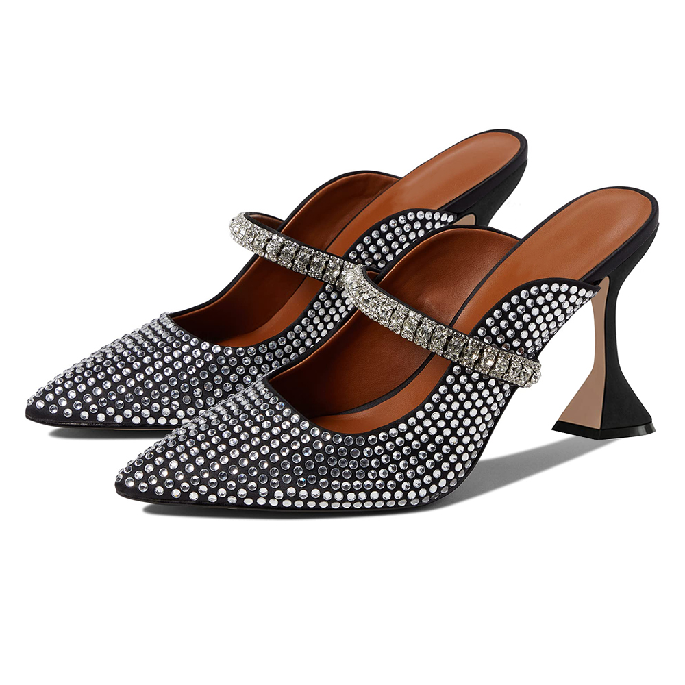 Silver Faux Suede Closed Toe 3'' Flared Heel Mules with Rhinestone Nicepairs