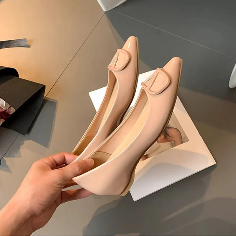 Breakj Breakj Sharp Head Soft Soles In The Increase Single Shoes Spring And Autumn Leather Bare Light Flat Commuting V Buckle Temperament Women's Shoes