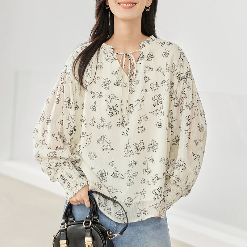 Athvotar Athvotar Elegant Wood-Eared Chiffon Shirt Women's New High-End Print Thin Comfortable Tops In Spring 2025